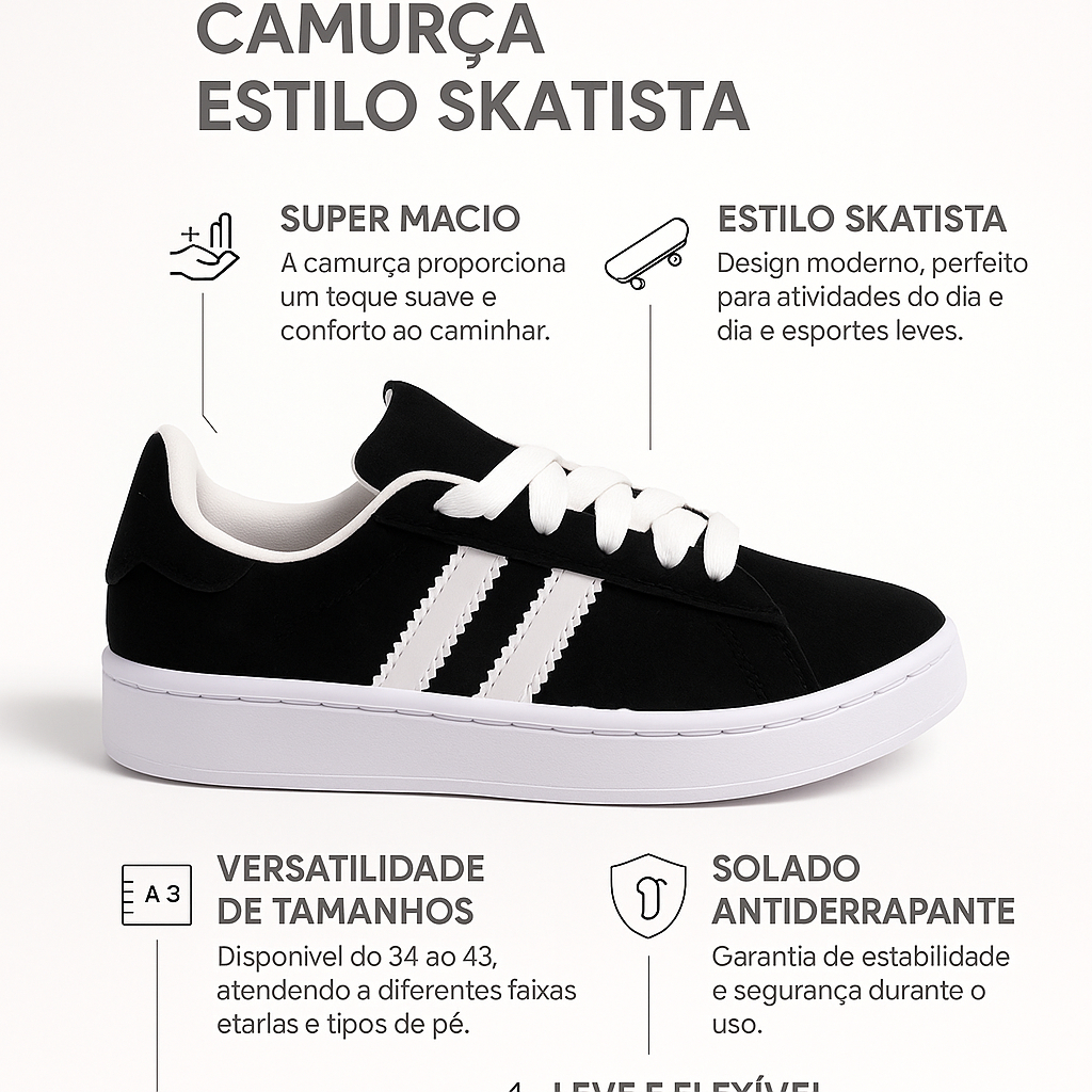 Tênis Street de Camurça: Design Sofisticado Com Camurça Premium e Sola Resistente Para Conforto.