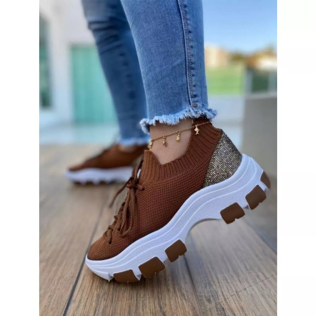 Tênis Feminino Meia Chunky Plataforma Confortável Com Cadarço