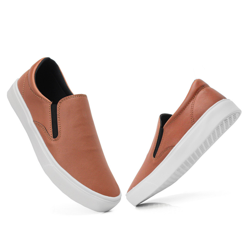 Tenis Slip On Iate Casual Caramelo Sapatenis Sem Cadarço Moderno Leve Macio Confortavel + Relógio
