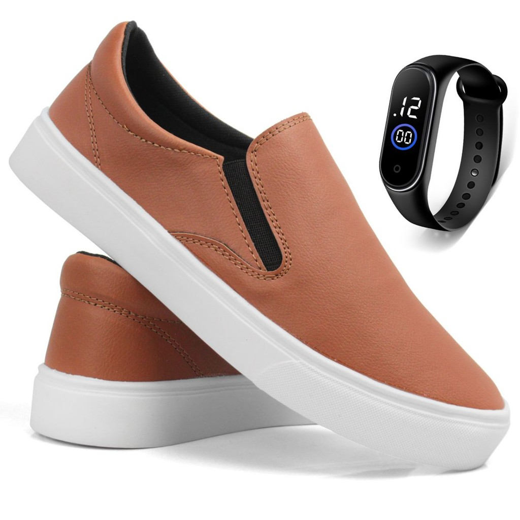 Tenis Slip On Iate Casual Caramelo Sapatenis Sem Cadarço Moderno Leve Macio Confortavel + Relógio